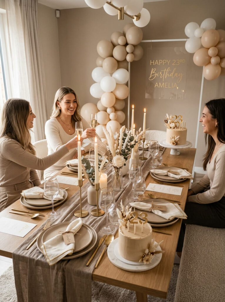 Minimalist neutral 23rd birthday party with beige and ivory styling


