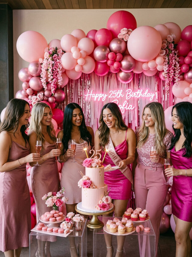 A beautifully curated all-pink birthday party backdrop with pink balloons, decorations, and a matching pink cake.