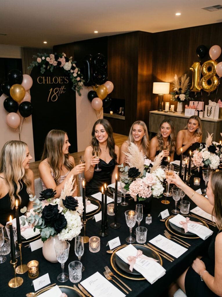 Pretty in black 18th birthday theme with chic feminine dark decor