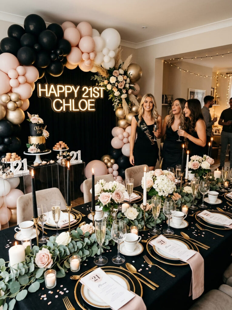 Pretty in black 21st birthday theme with chic feminine dark decor