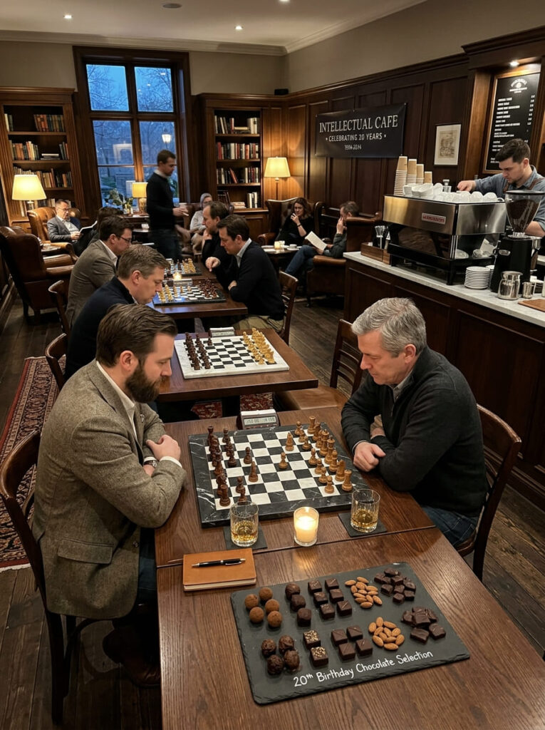 Intellectual chess and espresso bar cafe lounge birthday setup with dark leather seating.