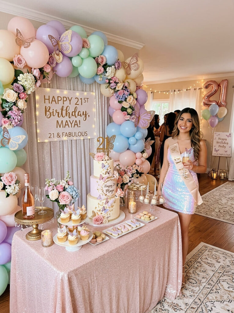 Butterfly glam 21st birthday theme with dreamy feminine decor