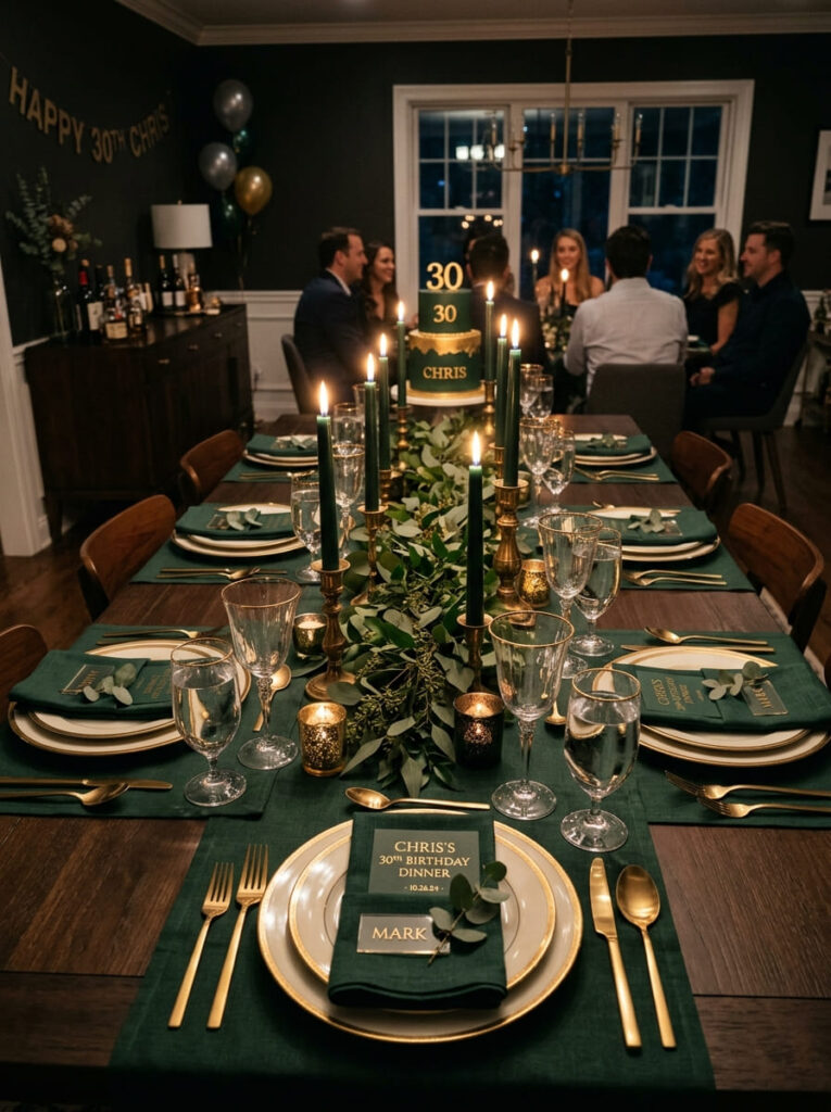 Dark green and gold men’s 30th birthday party with elegant details