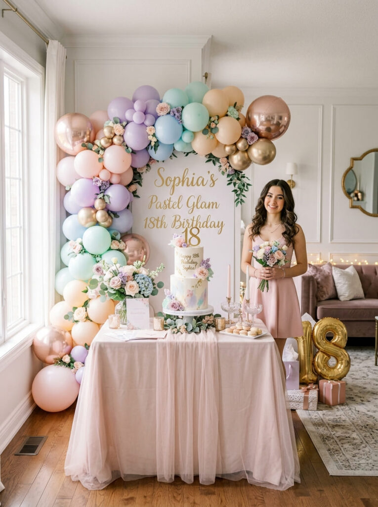 Pastel glam 18th birthday theme with so  feminine party decor