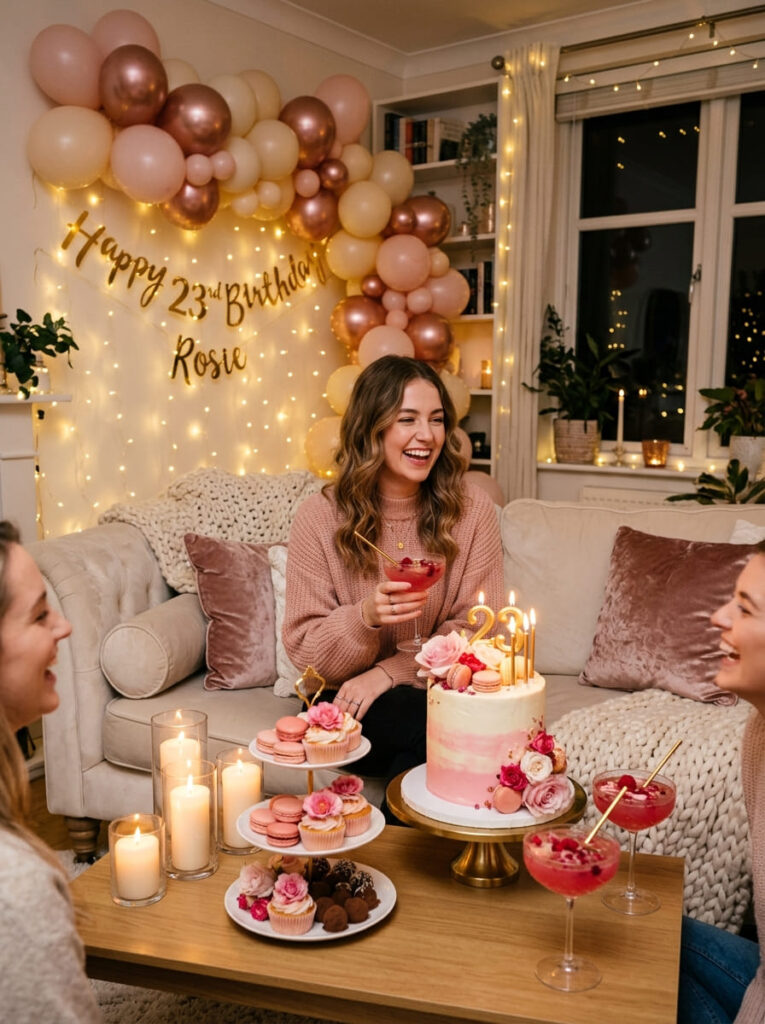 Rosy night-in 23rd birthday celebration with cozy pink decor

