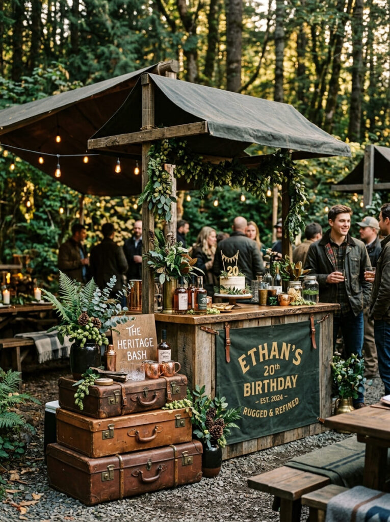 Rugged heritage outdoorsman birthday theme with forest green accents and vintage leather luggage.