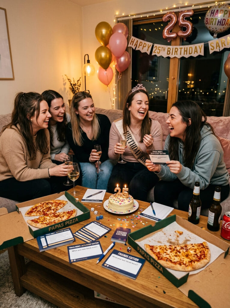 A casual living room setup for a game night with trivia cards, board games, and pizza boxes on a coffee table.