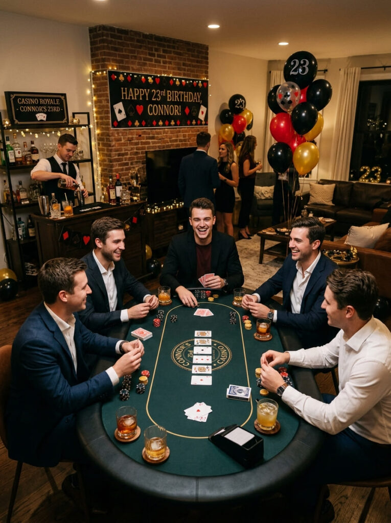 Stylish sports bar party setup for a 23rd birthday at home


