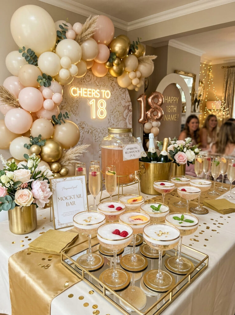 Champagne inspired mocktail 18th birthday theme with elegant celebratory styling