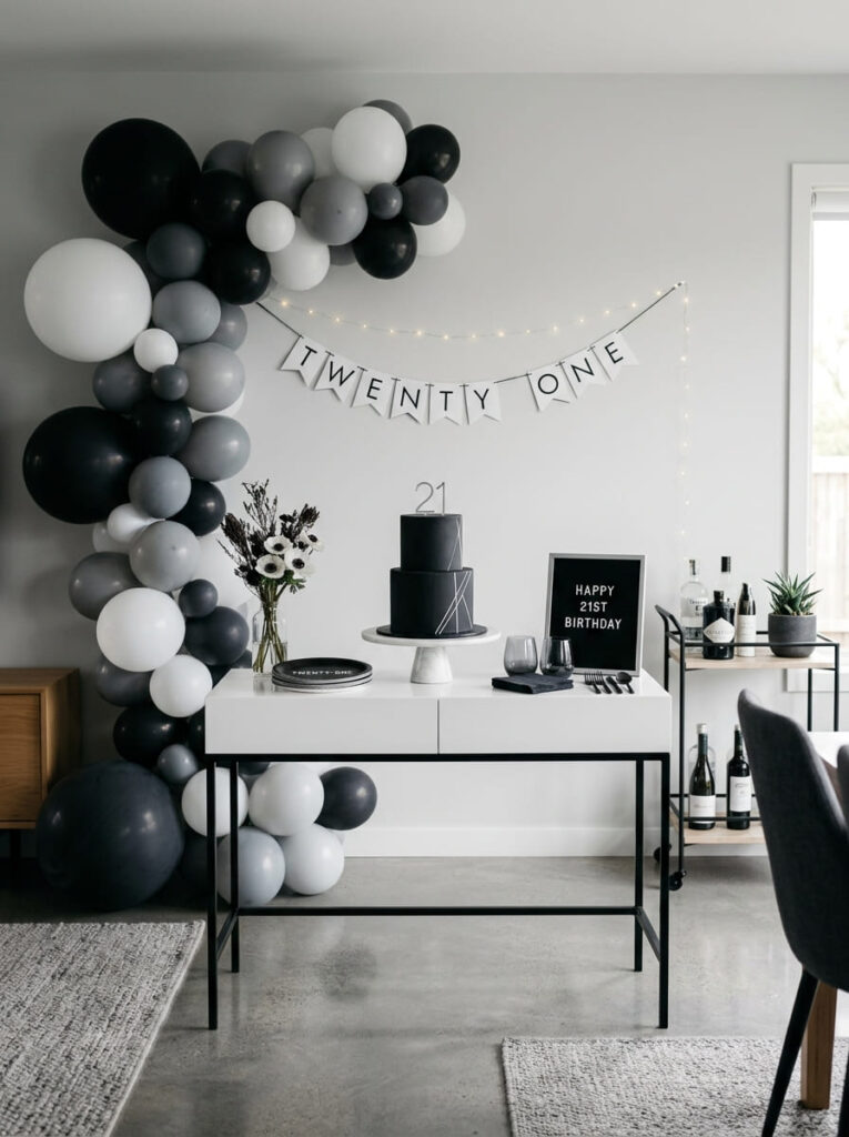 Minimal monochrome 21st birthday theme with clean modern decor