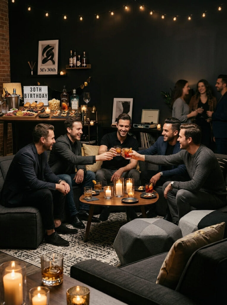 Modern lounge party setup for a stylish men’s 30th birthday

