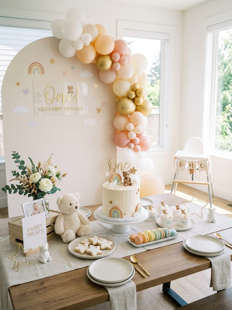 Pastel first birthday decor with subtle rainbow and sweet bear accents