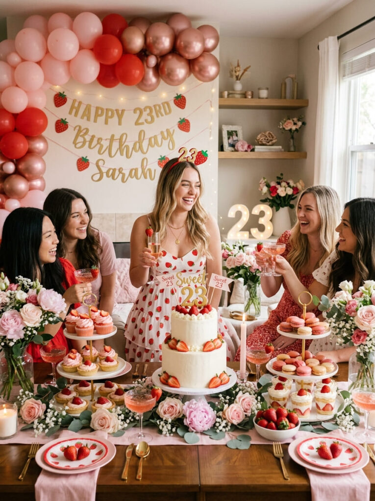 Strawberry-inspired 23rd birthday party with soft red and pink styling

