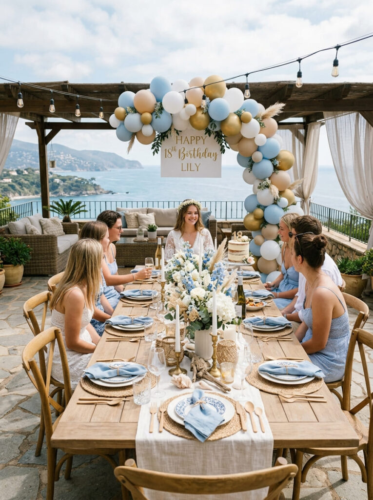 Coastal chic 18th birthday theme with so  blue and neutral decor