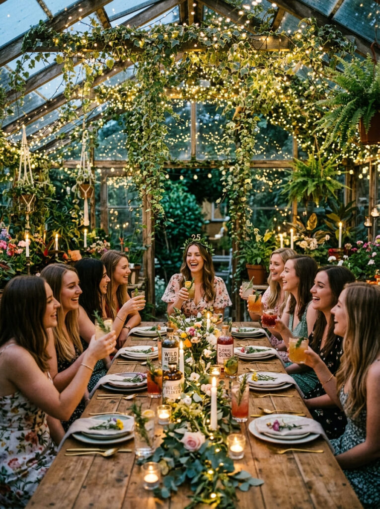 A whimsical greenhouse dinner table decorated with long ivy vines, glowing fairy lights, and rustic tableware.
