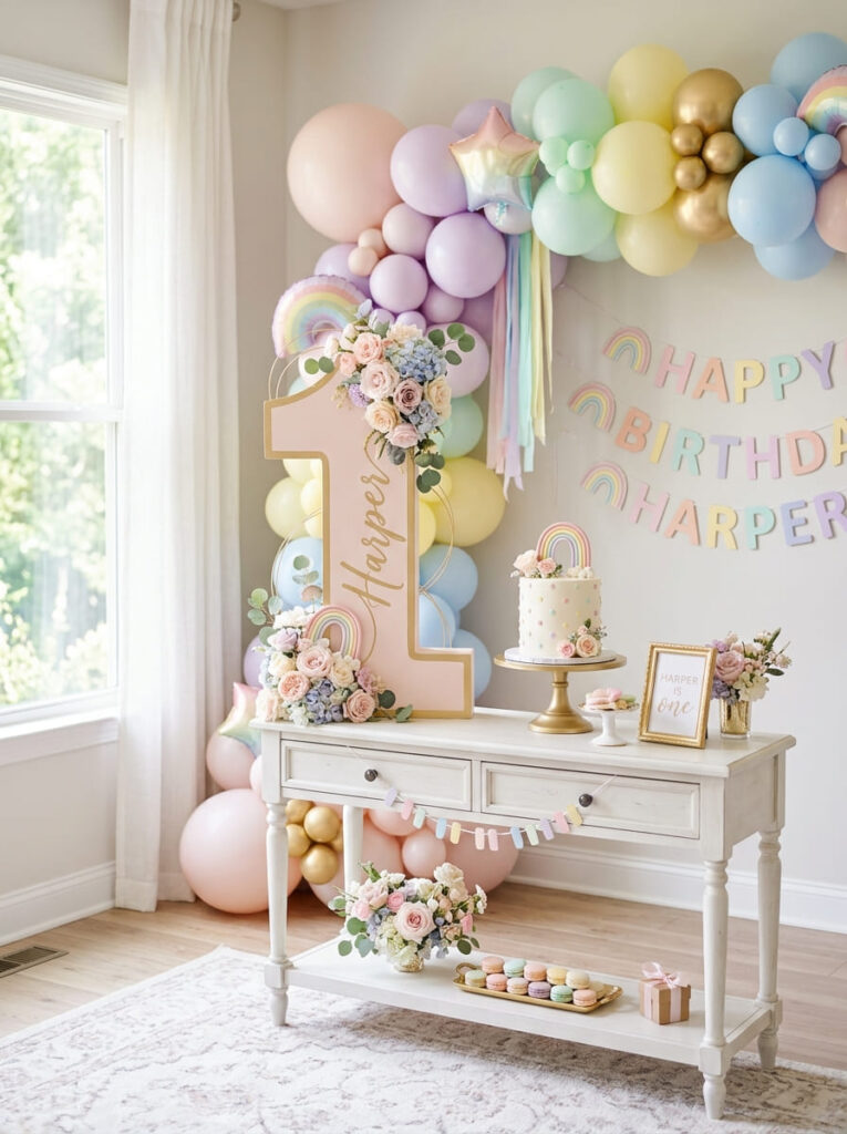 Pastel first birthday number one display with so  rainbow accents