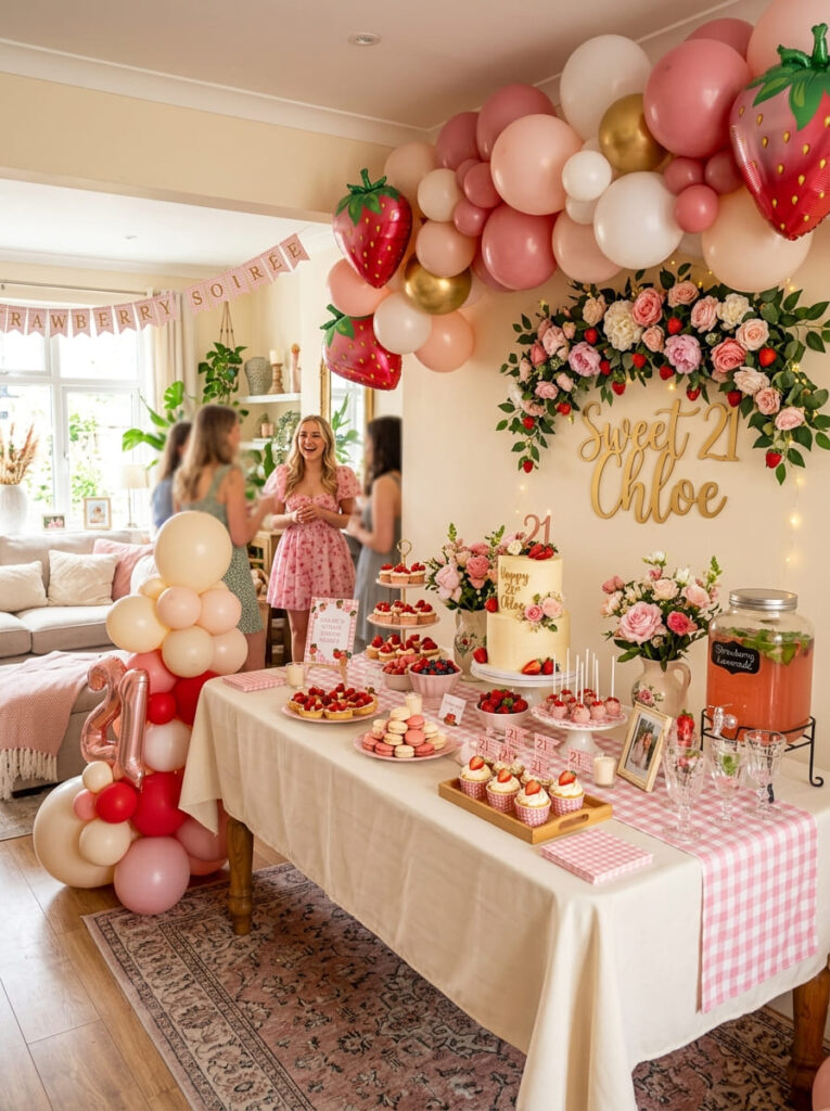 Strawberry soirée 21st birthday theme with sweet feminine decor