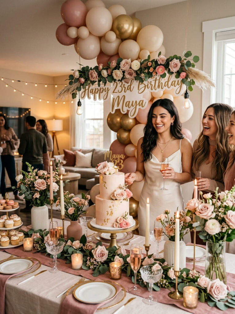 23rd birthday party styled around one elegant color story

