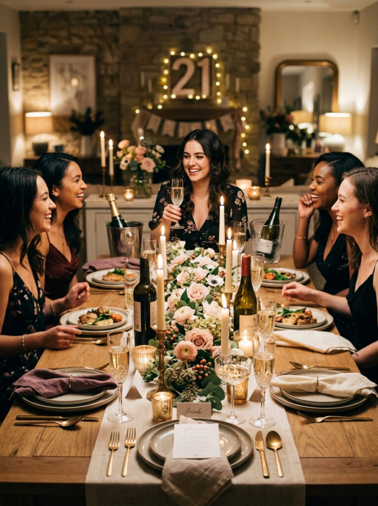 Candlelit 21st birthday dinner theme with warm elegant table styling
