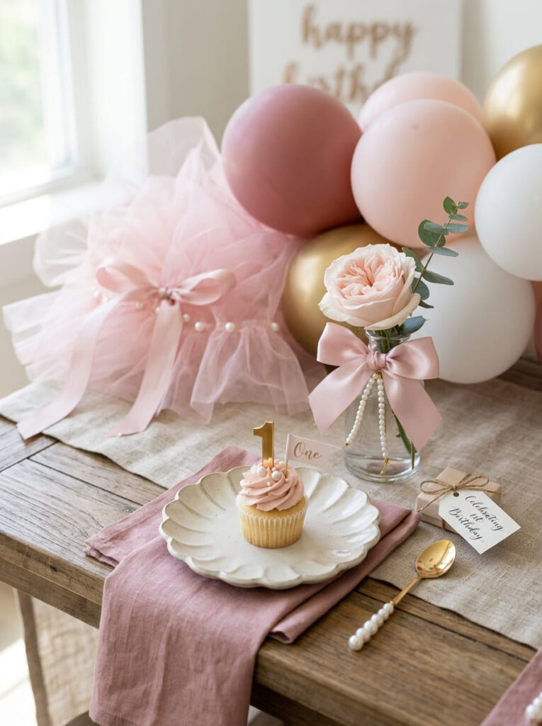 Delicate textures used to style a polished pink first birthday setup