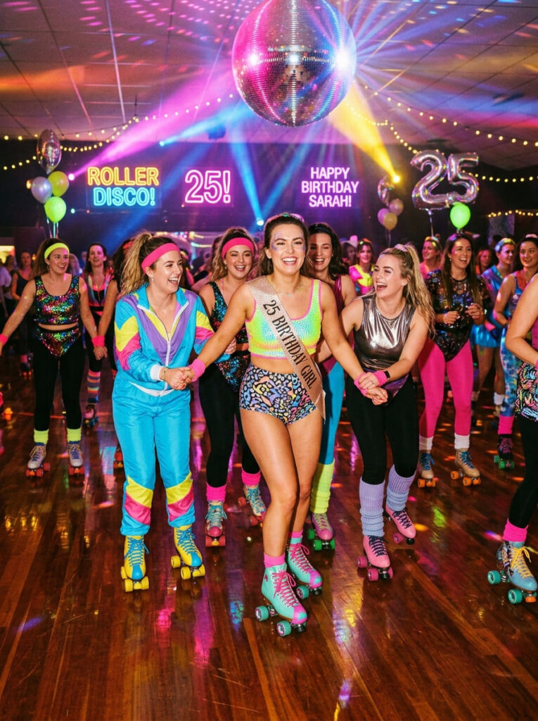 A vibrant roller disco party rink with colorful vintage lighting and neon decorations.
