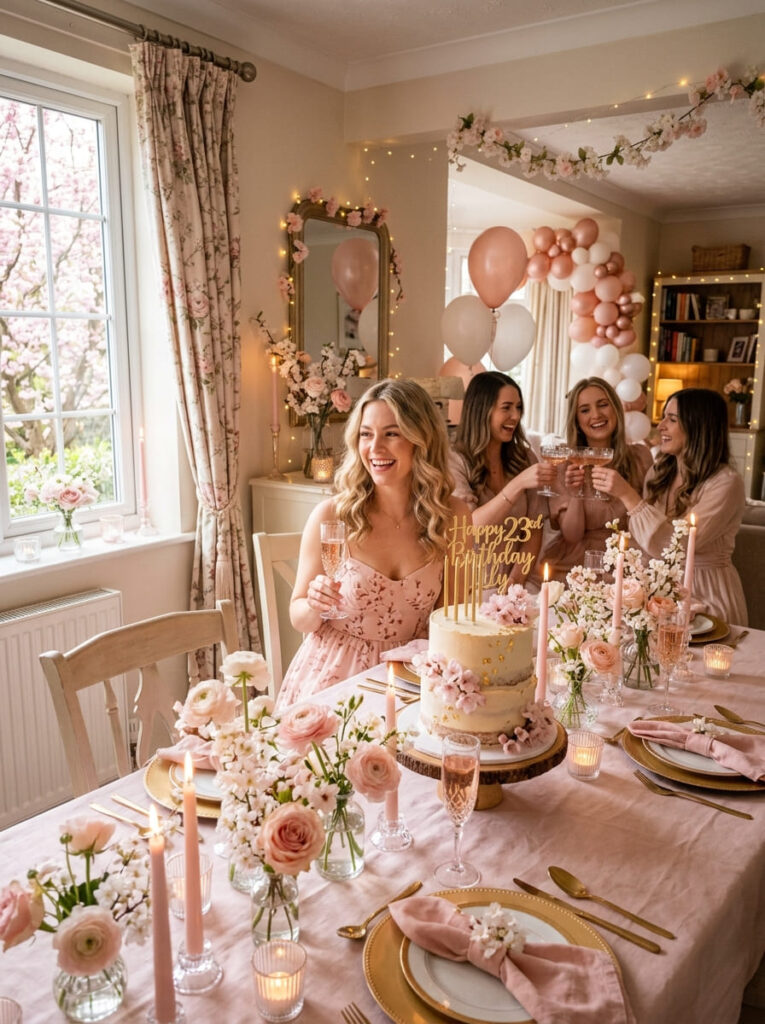 Cherry blossom 23rd birthday party with blush florals and pale pink decor

