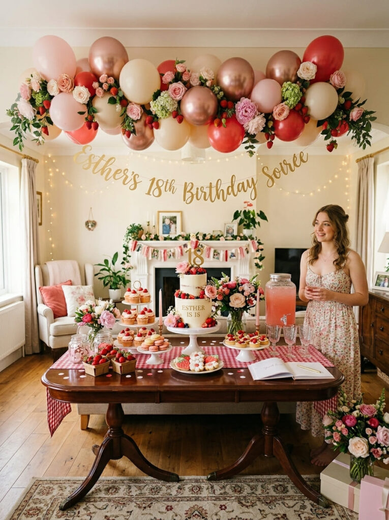 Strawberry soirée 18th birthday theme with sweet feminine decor