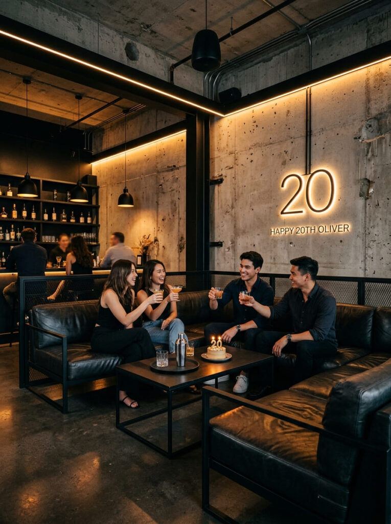 Industrial warehouse birthday lounge with raw concrete walls and matte black metal accents.