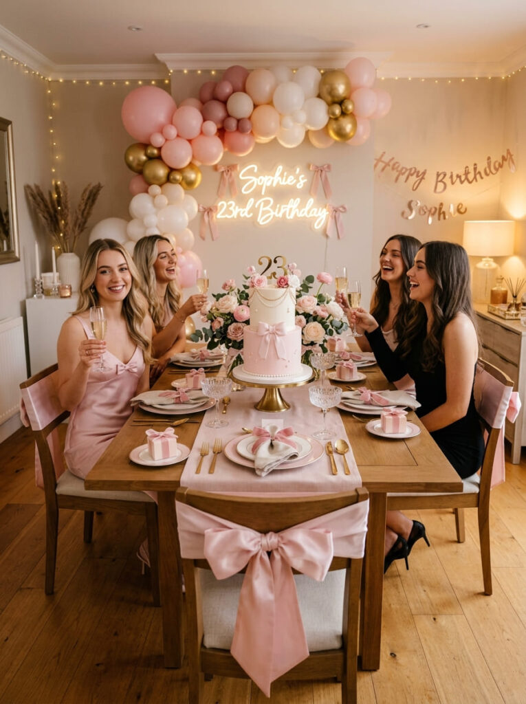 Bow-themed 23rd birthday party with feminine pink styling and bows

