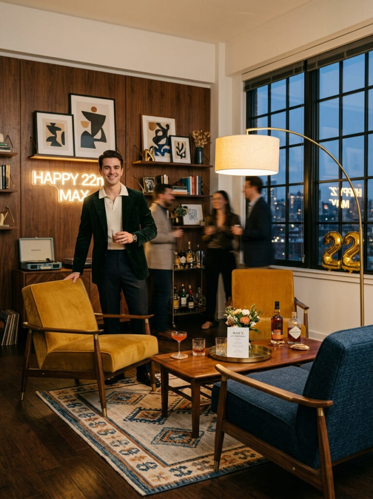Mid-century modern birthday studio lounge with walnut tables and brass accents.