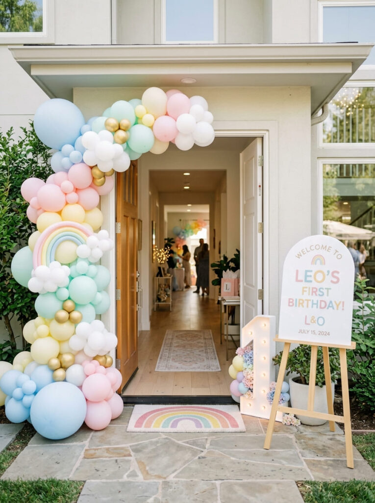 Pastel first birthday entrance with welcome sign and rainbow balloon styling