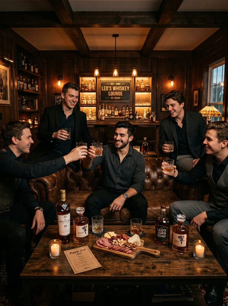 Whiskey lounge inspired 23rd birthday party for men at home

