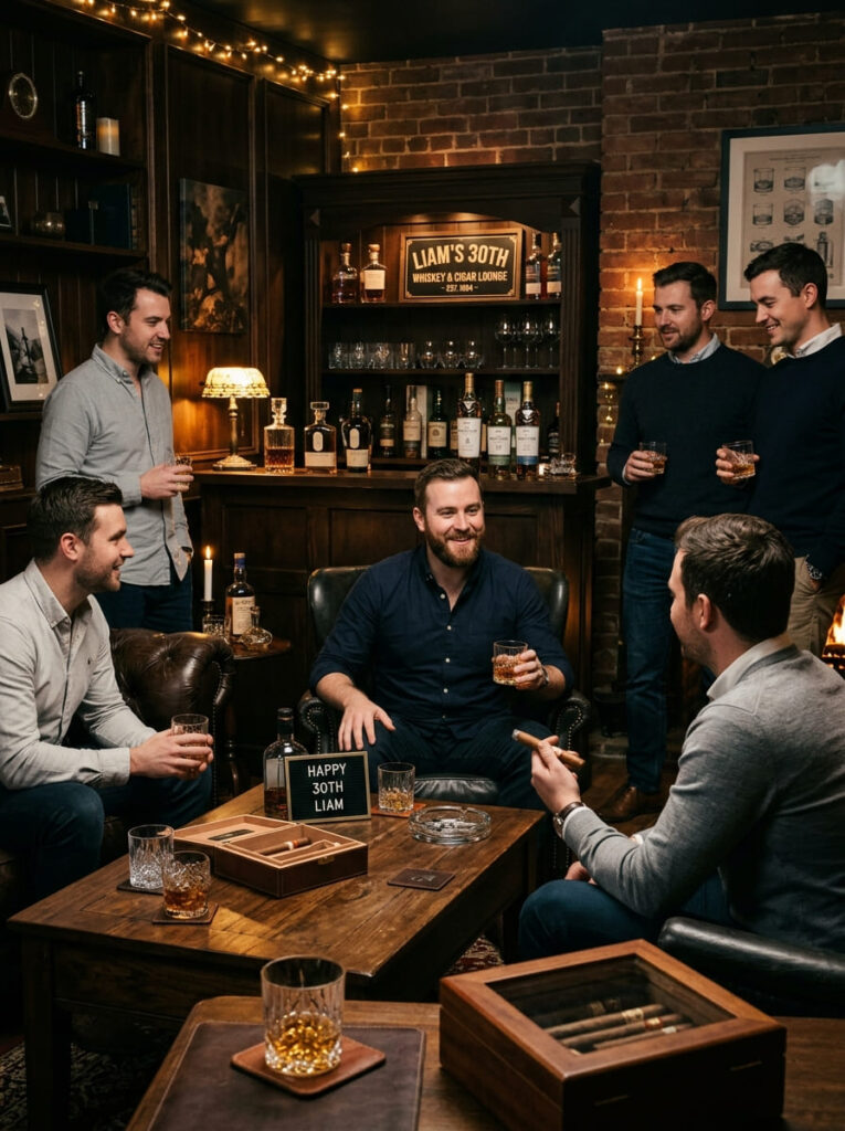Whiskey and cigar lounge inspired 30th birthday celebration for men