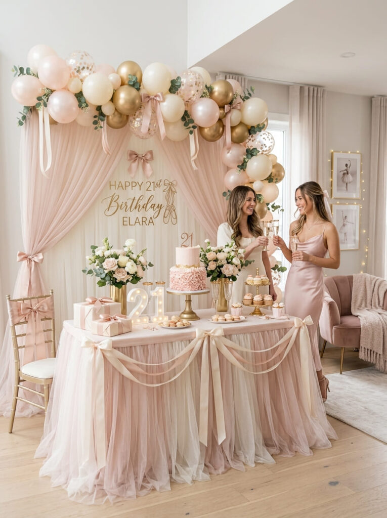 Balletcore 21st birthday theme with so  feminine elegant decor