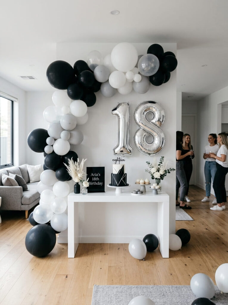 Minimal monochrome 18th birthday theme with clean modern decor