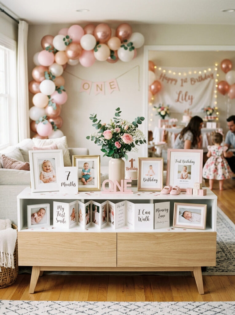 Pink first birthday memory display with baby photos and milestone details