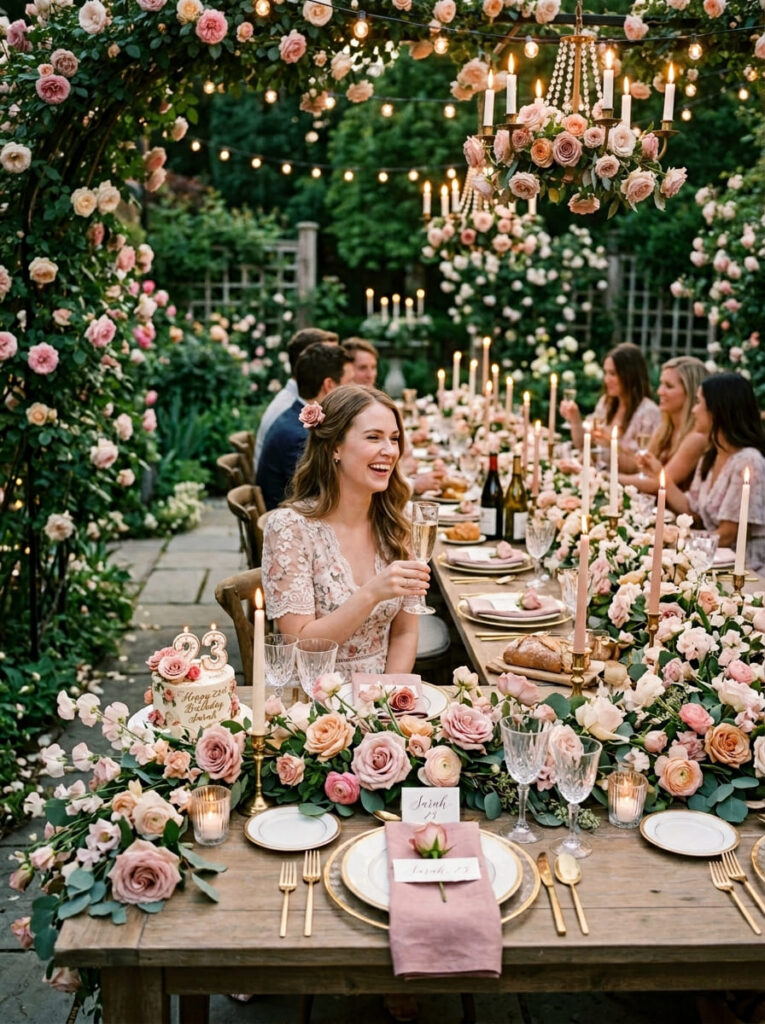 Rose garden inspired 23rd birthday party with rose-toned florals and candlelight


