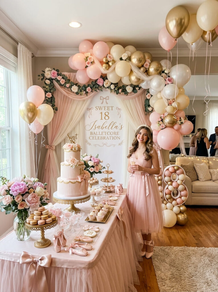 Balletcore 18th birthday theme with so  feminine elegant decor