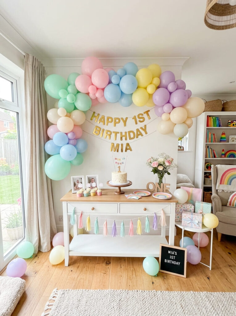 Budget friendly pastel first birthday setup with stylish rainbow decor