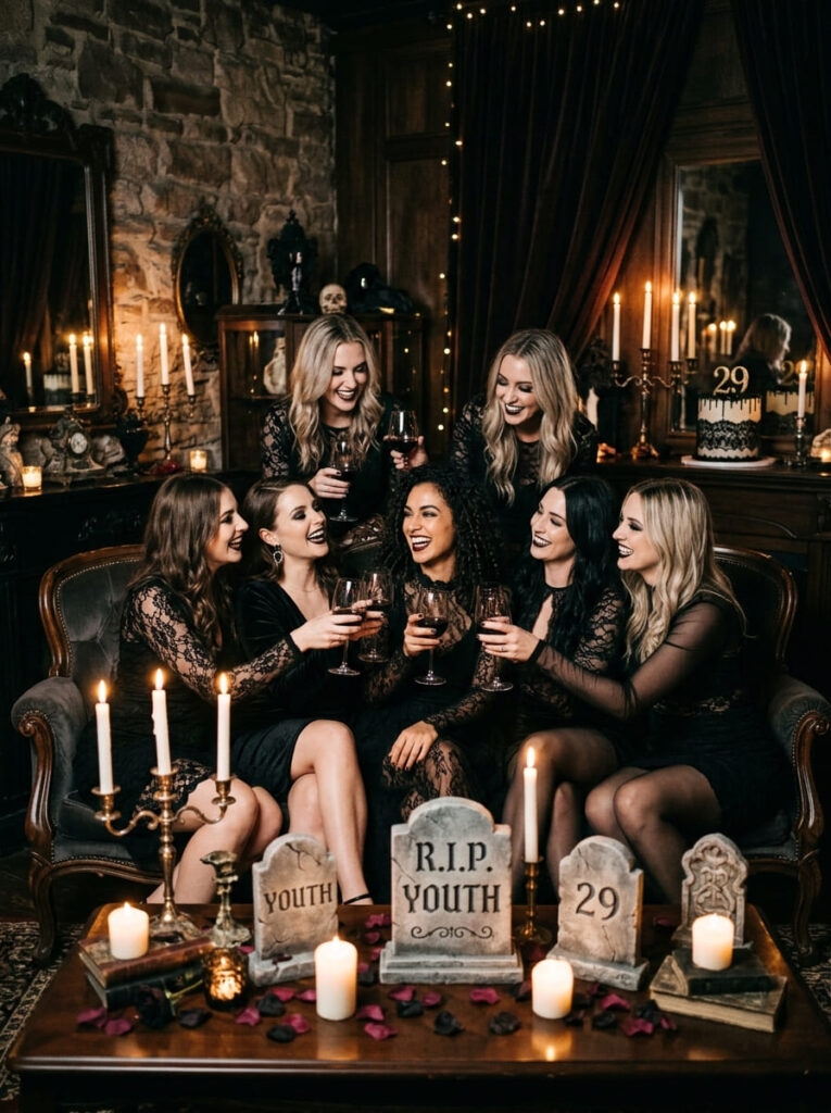 An elegant, moody birthday setting with women dressed in modern all-black cocktail attire sitting near decorative stone youth tombstones.