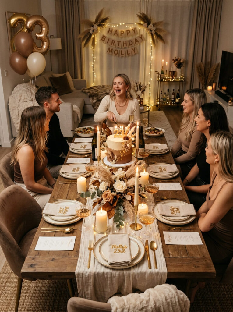 Mocha and cream 23rd birthday party with warm neutral styling

