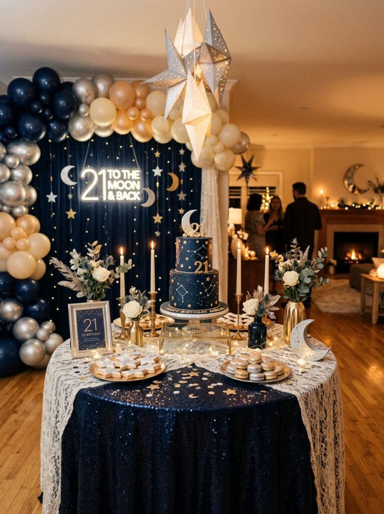 Moon and stars 21st birthday theme with celestial elegant decor