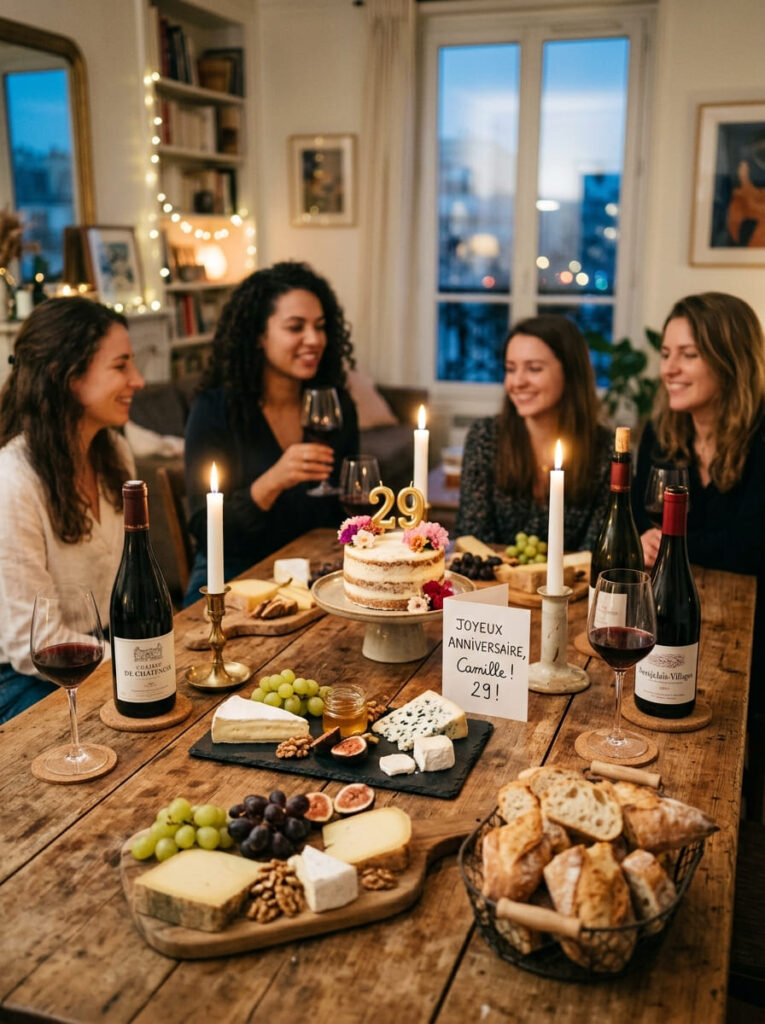 A cozy rustic table spread filled with gourmet cheese boards, fresh baguettes, lit candles, and fine wine bottles.