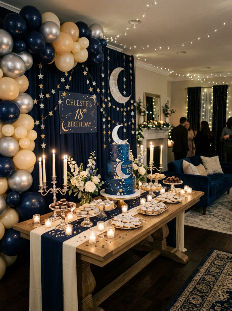 Moon and stars 18th birthday theme with celestial elegant decor