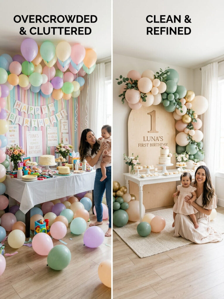 Pastel first birthday styling compared with a cleaner polished version