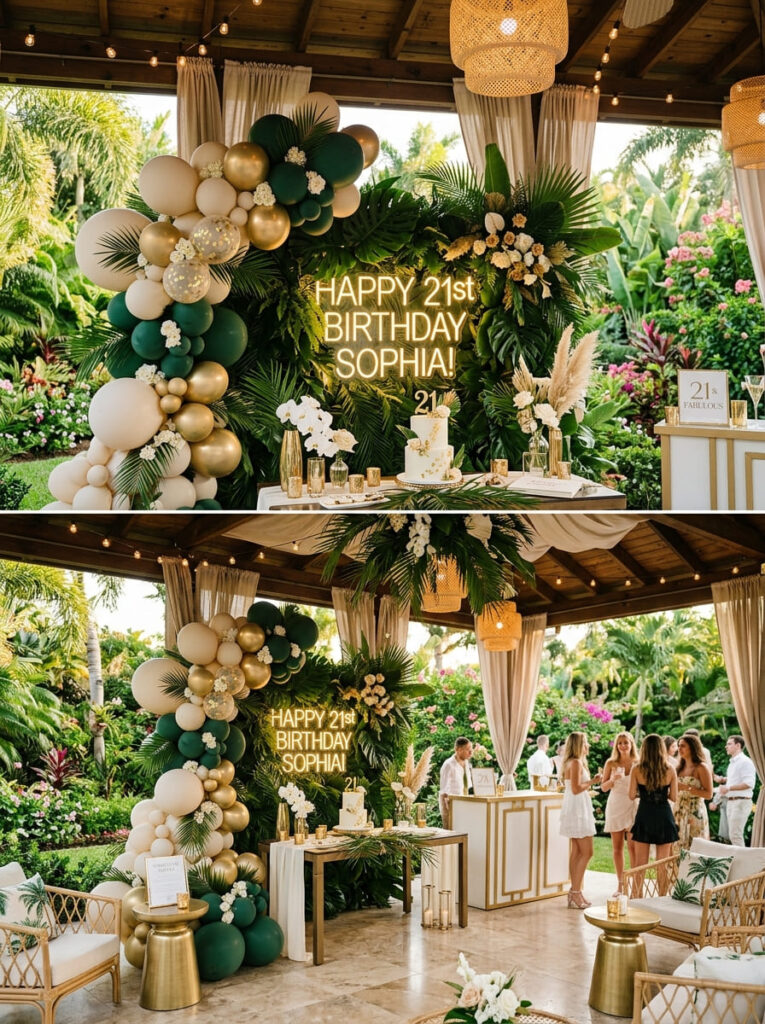Tropical luxe 21st birthday theme with stylish elevated decor