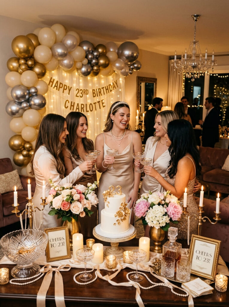 Vintage glam 23rd birthday party with pearls, metallic accents, and satin details

