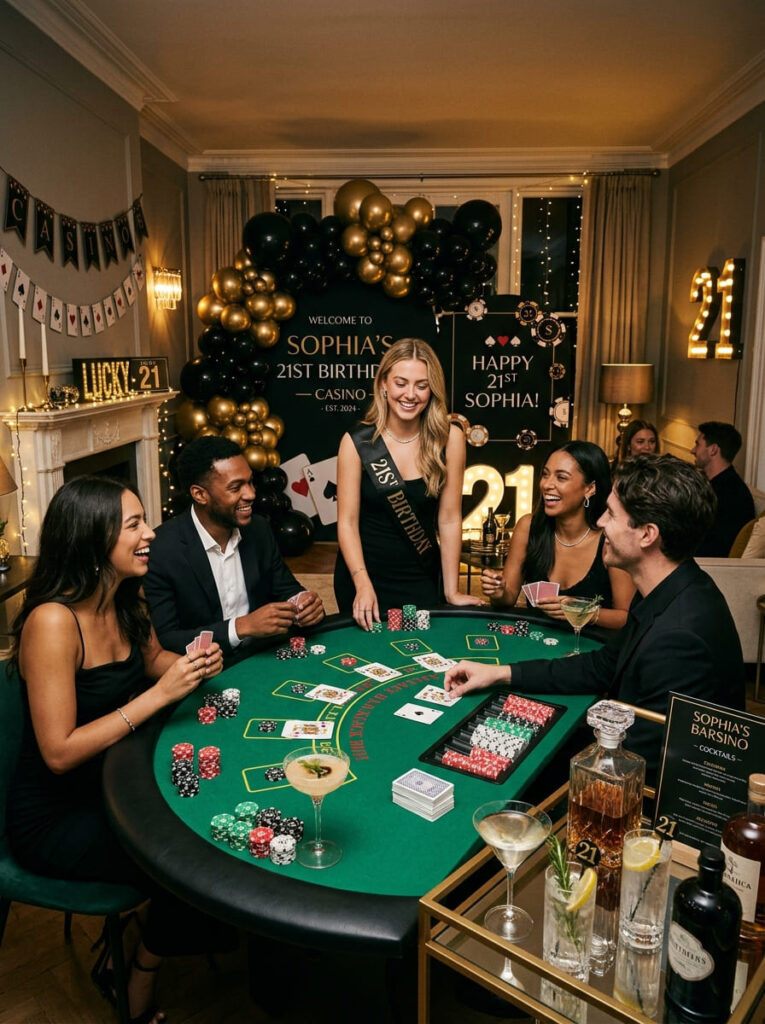 Casino night chic 21st birthday theme with stylish game night decor