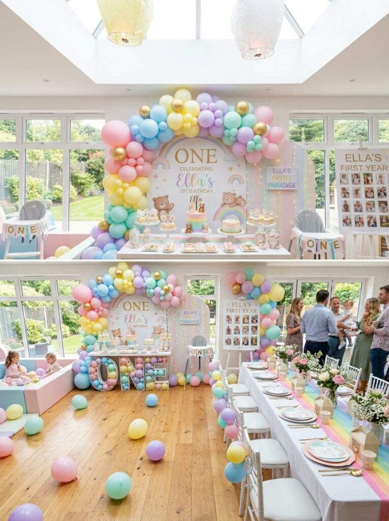 Full pastel rainbow bear-themed first birthday setup with coordinated decor