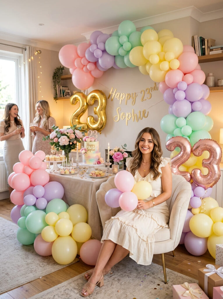 Pastel balloon 23rd birthday party with soft pink, lilac, mint, and yellow balloons

